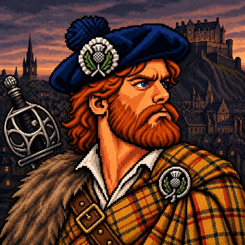 A red-bearded Highlander in a blue bonnet and ochre plaid, Edinburgh Castle behind him at dusk.