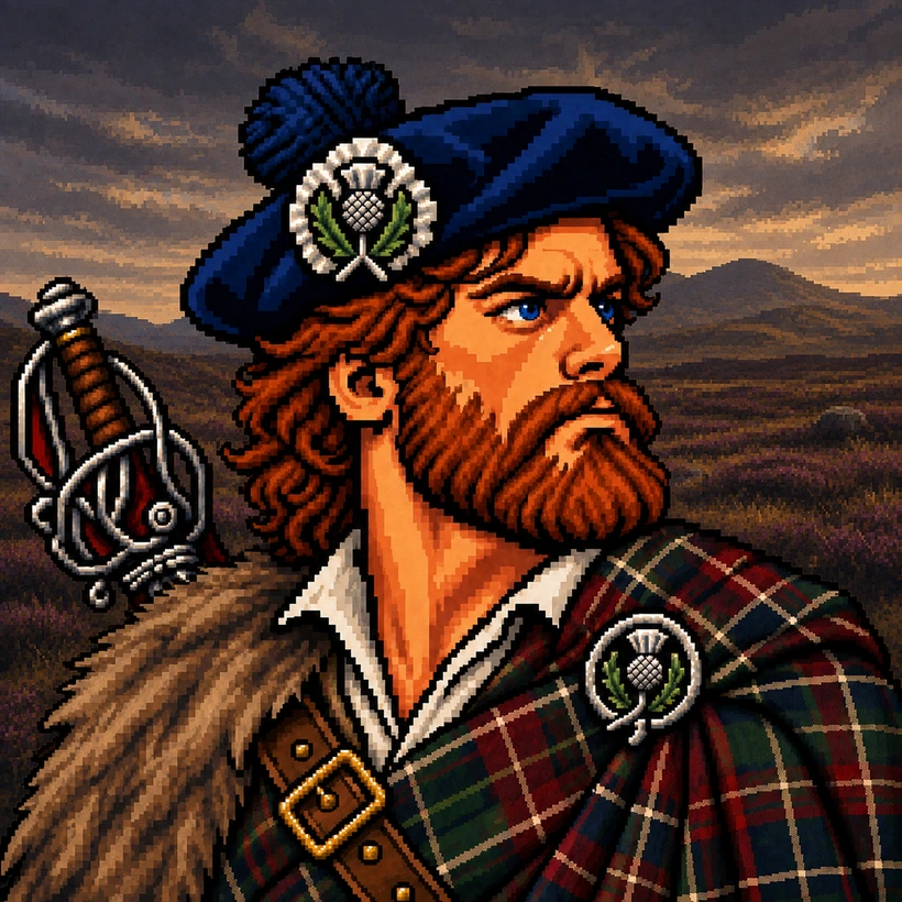 Highlander No. 002 with a basket-hilt broadsword on the heather moor.