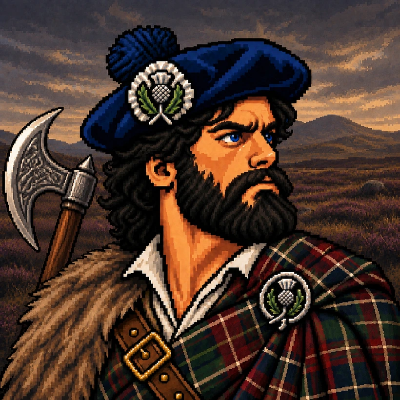 Highlander No. 003 carrying a Lochaber axe under storm light.